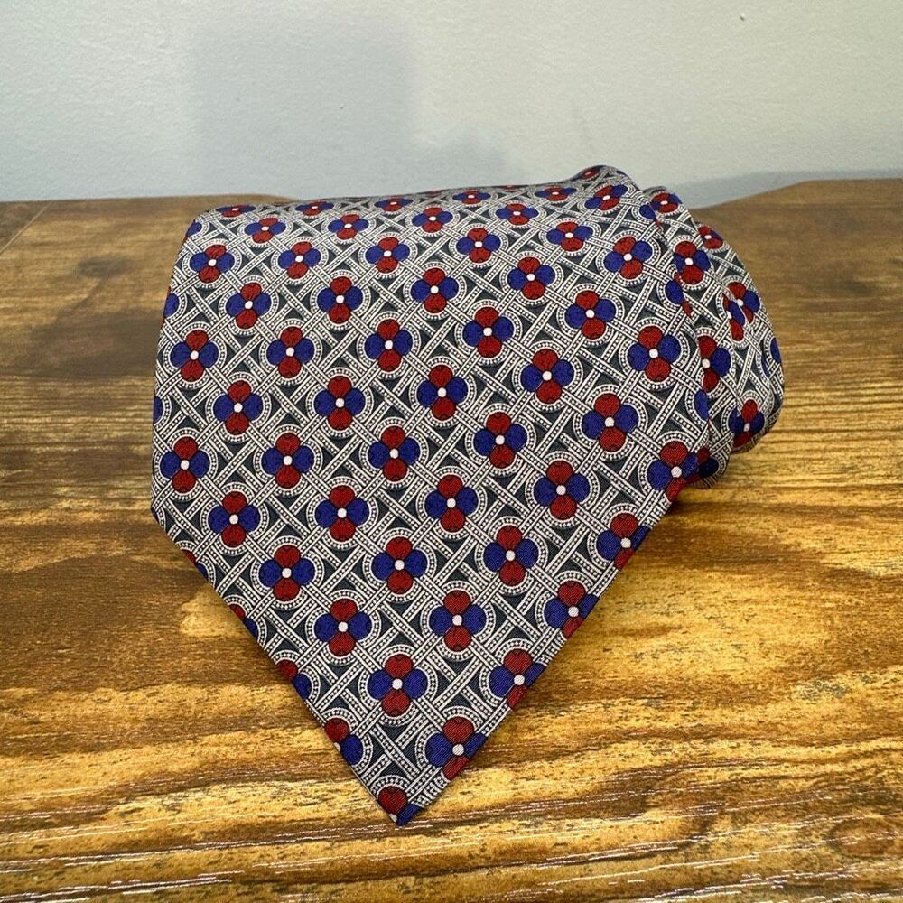 VALENTINO Silk Tie Red Blue Geometric Print NeckTie Made in Italy‎ Cravatte